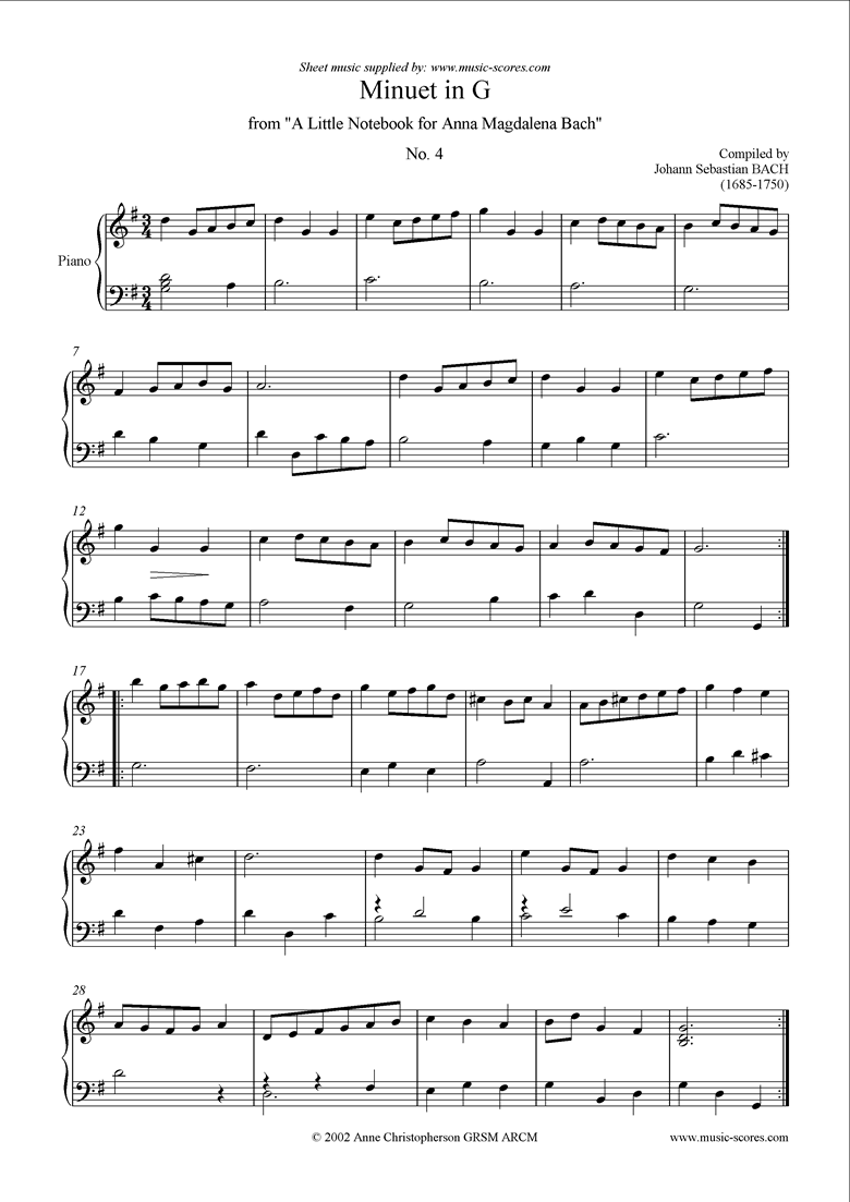Front page of Anna Magdalena: No. 04: Minuet in G sheet music