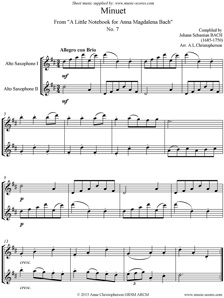 Front page of Anna Magdalena: No. 07: Minuet: 2 Alto Saxes sheet music