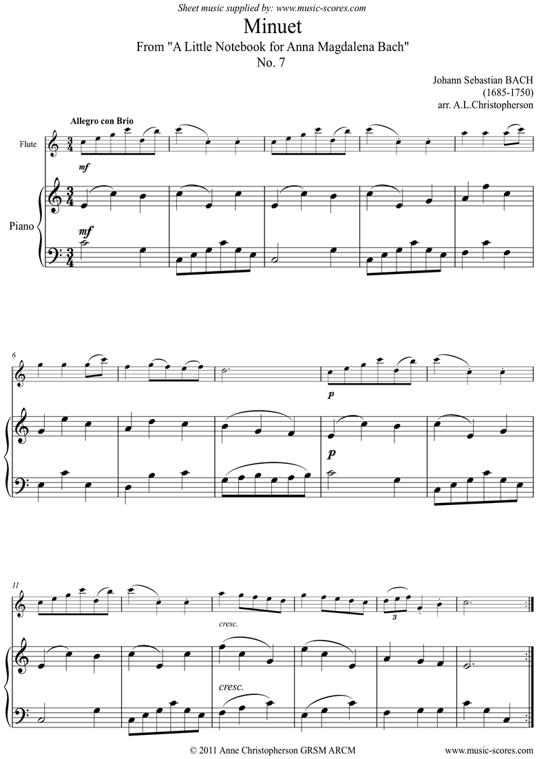 Front page of Anna Magdalena: No. 07: Minuet: Flute sheet music