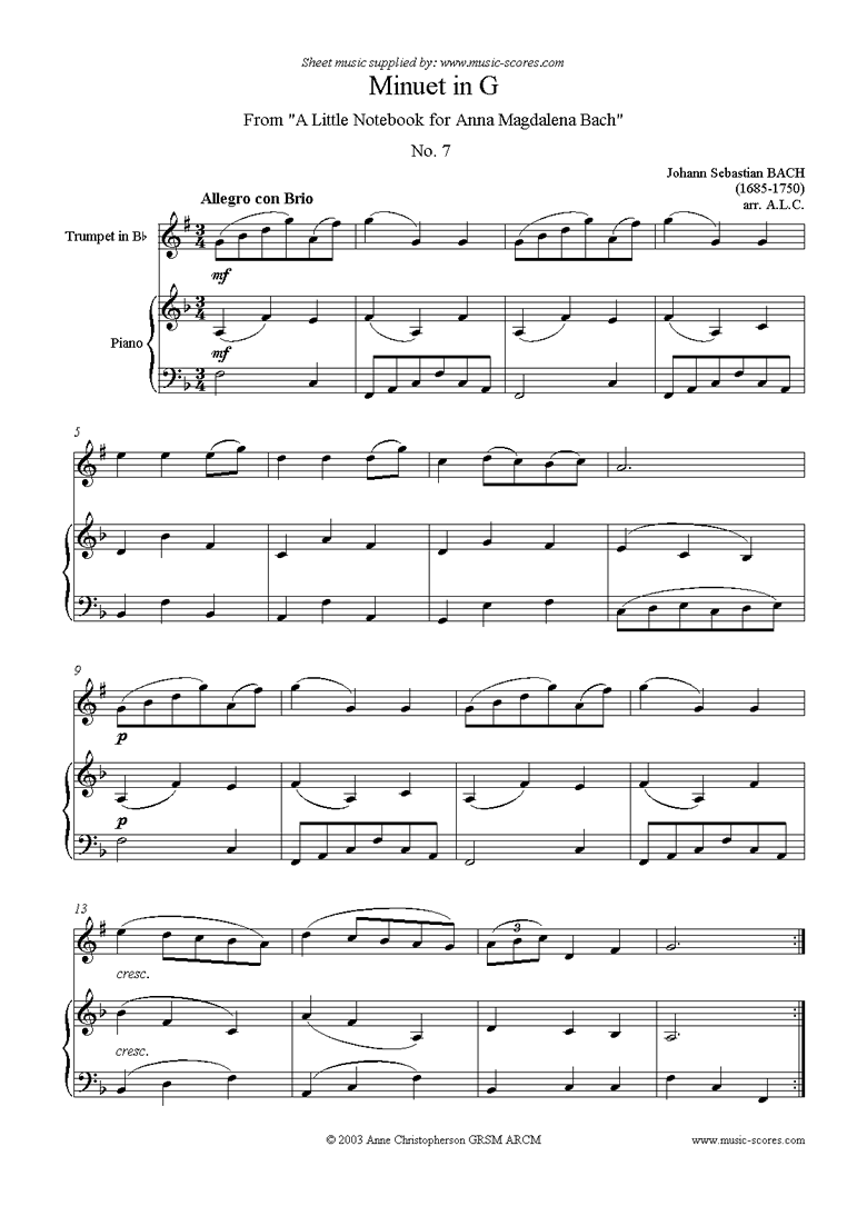 Front page of Anna Magdalena: No. 07: Minuet: Trumpet sheet music