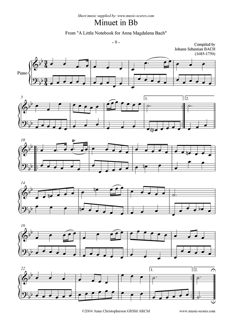 Front page of Anna Magdalena: No. 09: Minuet in Bb sheet music