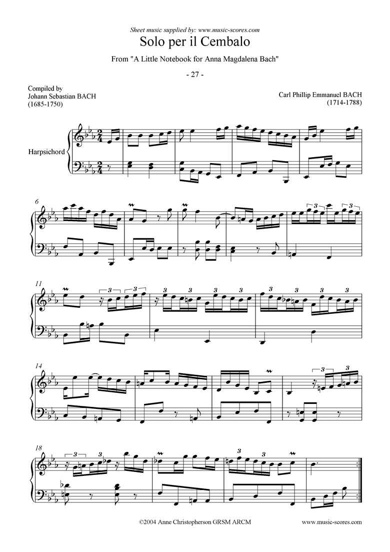 Anna Magdalena: No 27: Solo per Il Cembalo by Bach-CPE