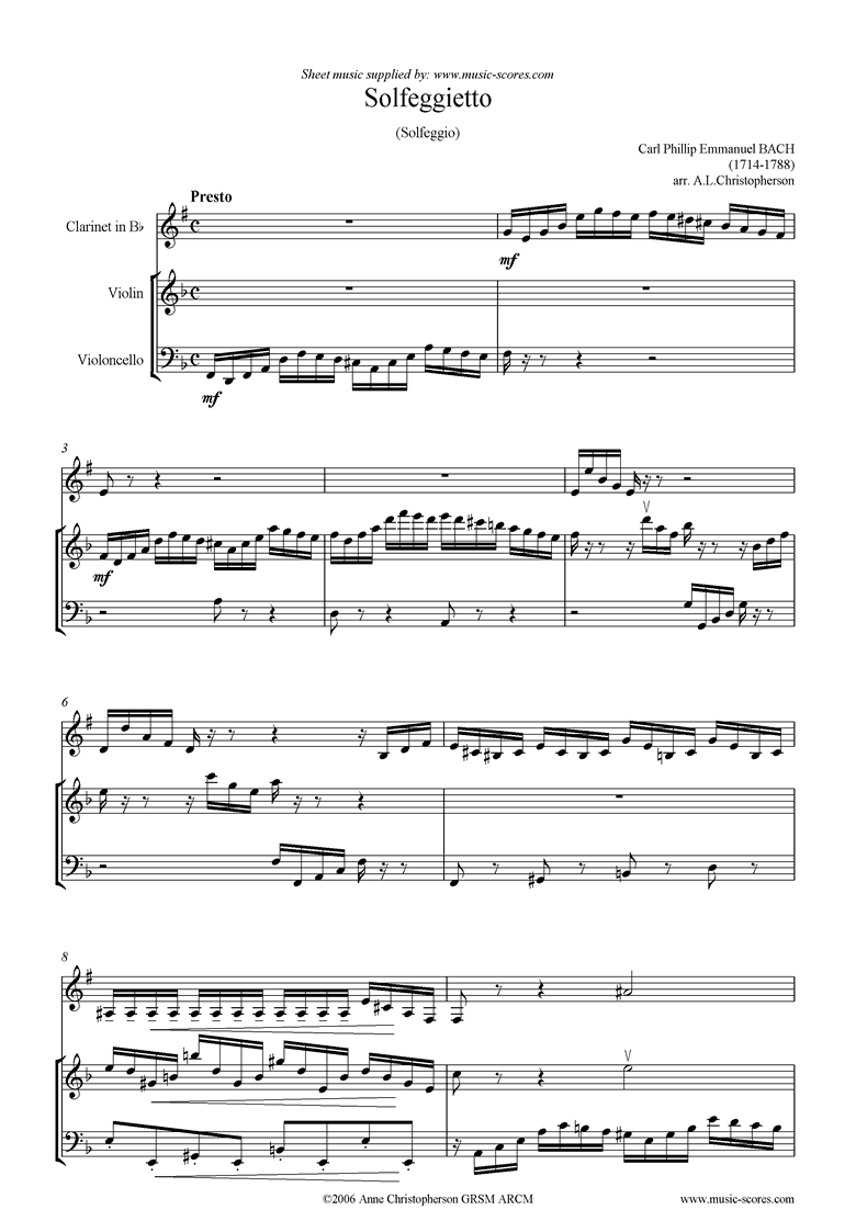 Solfeggietto: Clarinet, violin, cello by Bach-CPE