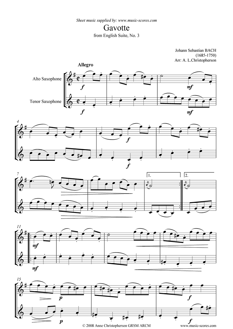 Front page of English Suite No. 3: Gavotte: Alto and Tenor Sax sheet music