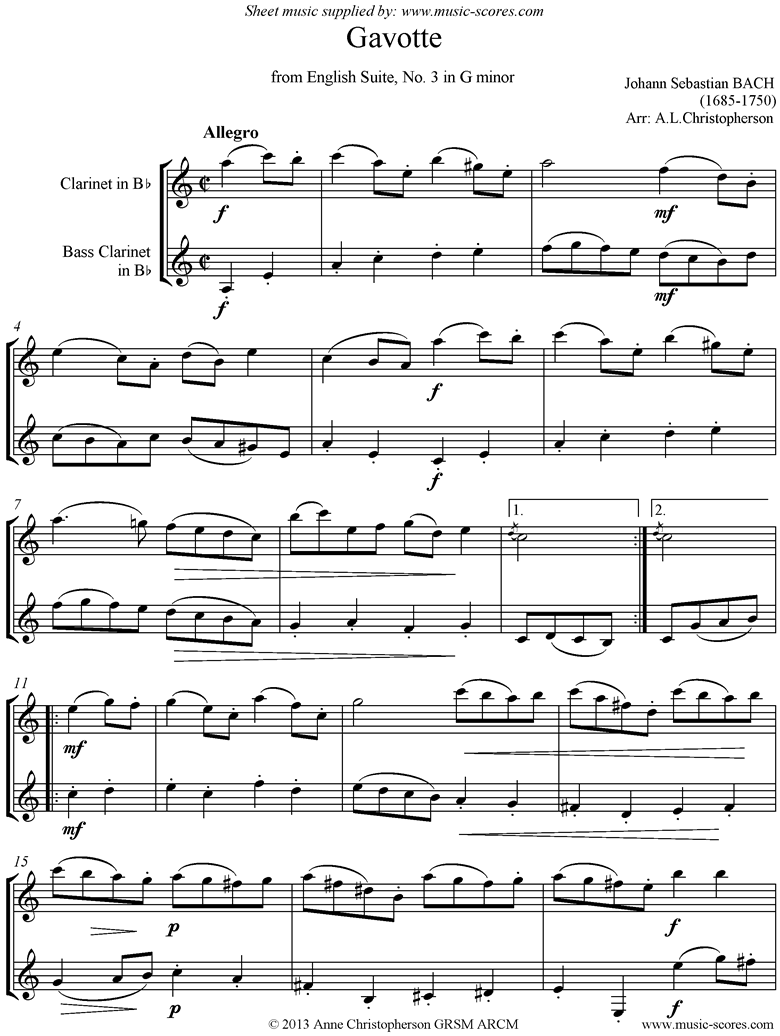 Front page of English Suite No. 3: Gavotte: Clarinet, Bass Clarinet sheet music
