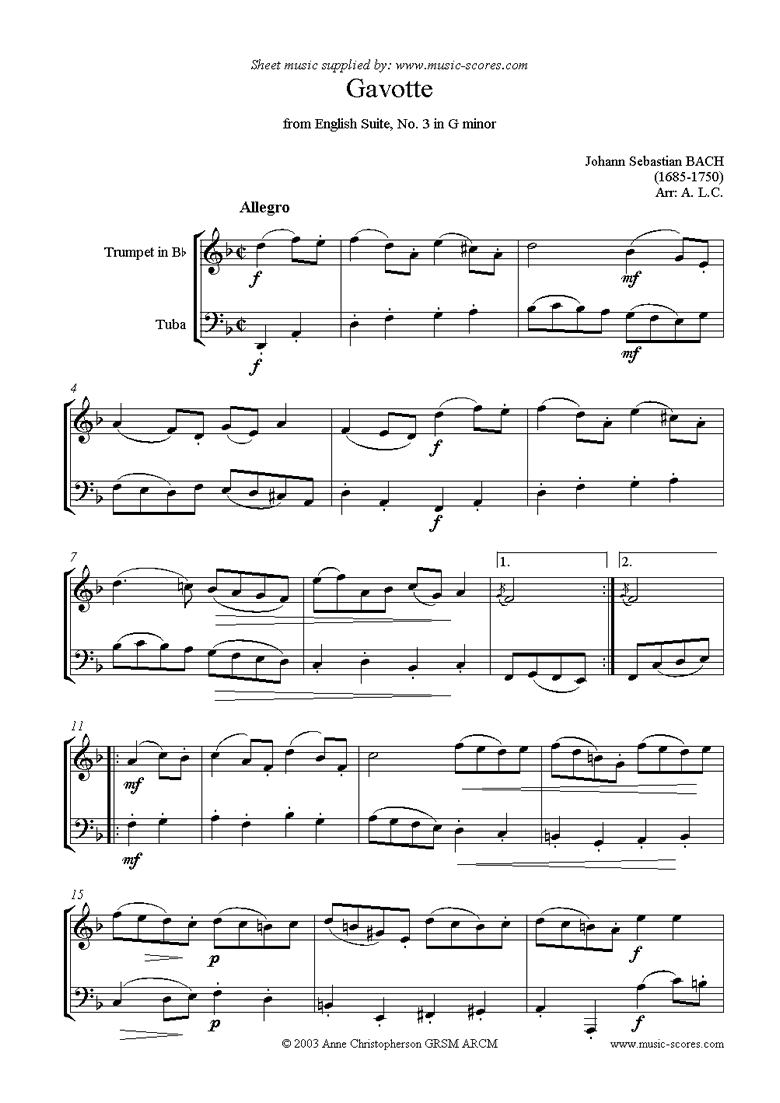 Front page of English Suite No. 3: Gavotte: Trumpet, Tuba sheet music