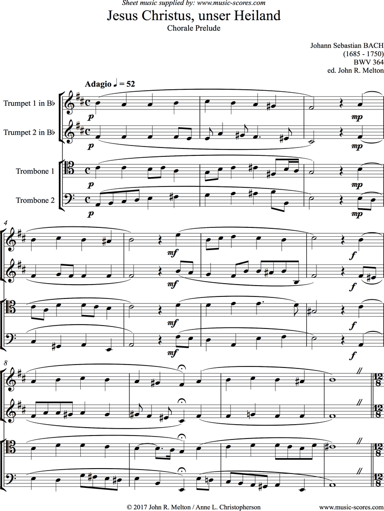 BWV 364: Jesus Christus unser Heiland: Brass Quartet by Bach