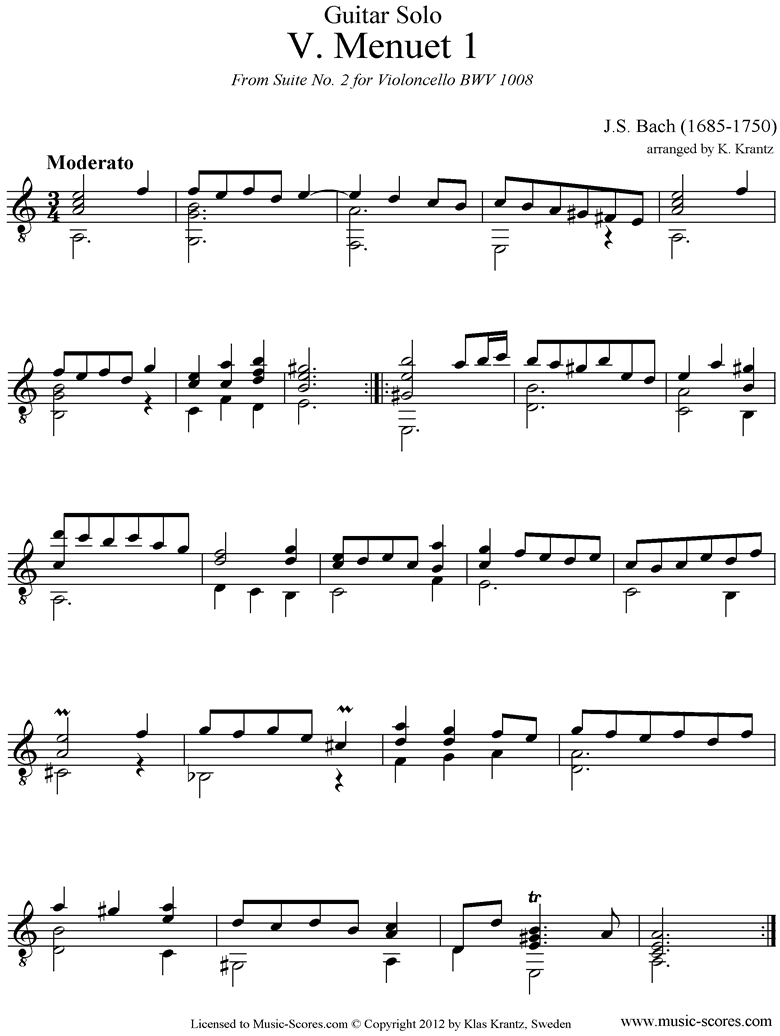 Front page of bwv 1008 Cello Suite No.2: 5th mvt: 2 Minuets: Guitar sheet music