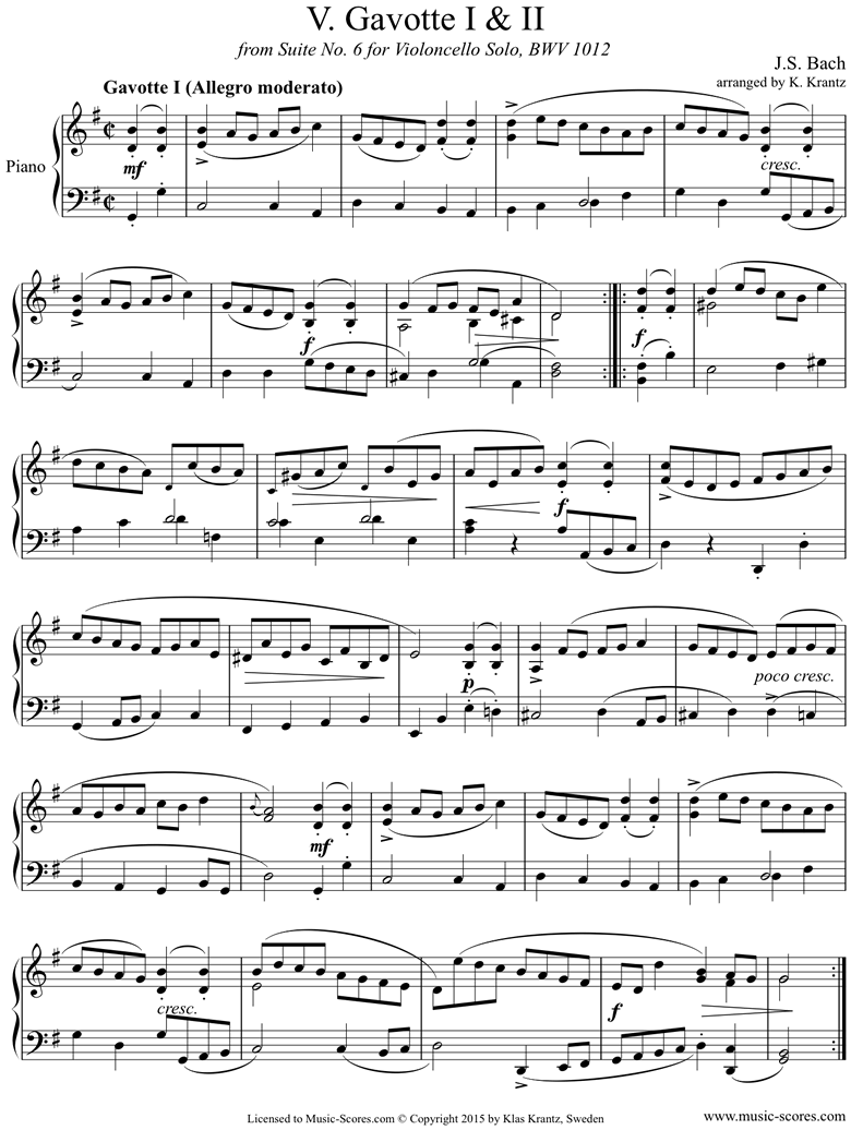 Front page of BWV 1012 Suite No.6: 5th, 6th mts: 2 Gavottes sheet music