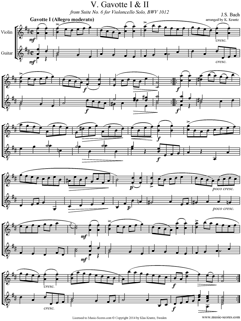 Front page of bwv 1012 Cello Suite No.6: 5th, 6th  mvts: Gavottes: Violin, Guitar sheet music