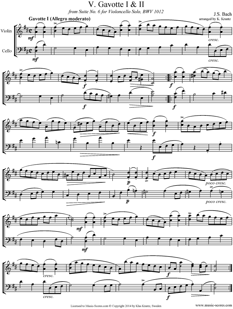 Front page of bwv 1012 Cello Suite No.6: 5th, 6th  mvts: Gavottes: Violin, Cello sheet music