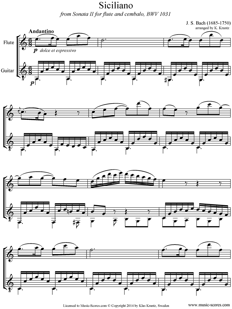 Front page of BWV 1031: Sonata No.2: Siciliano: Flute, Guitar sheet music