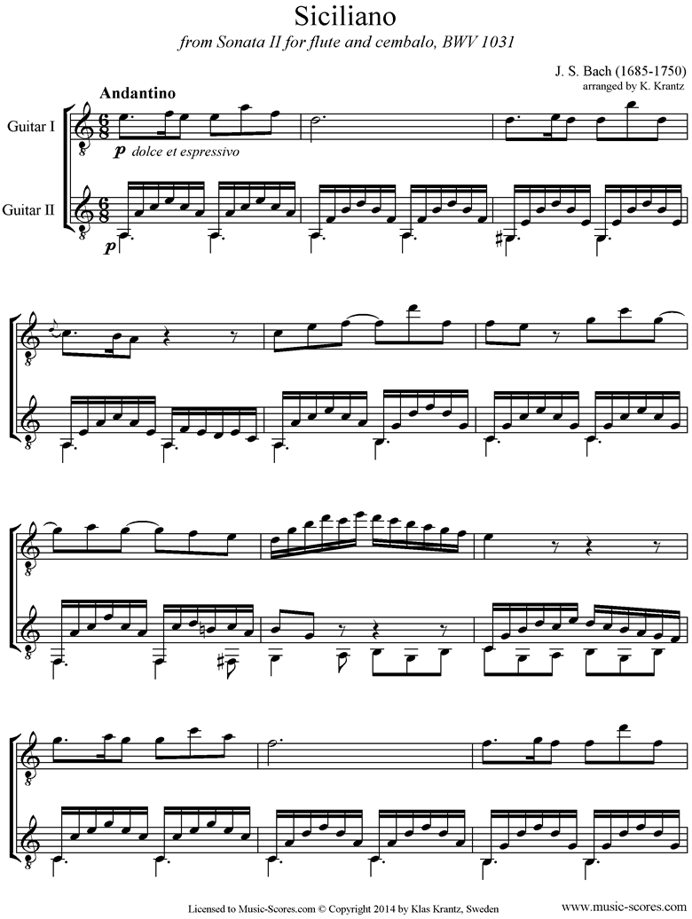 Front page of BWV 1031: Sonata No.2: Siciliano: 2 Guitars. A mi sheet music