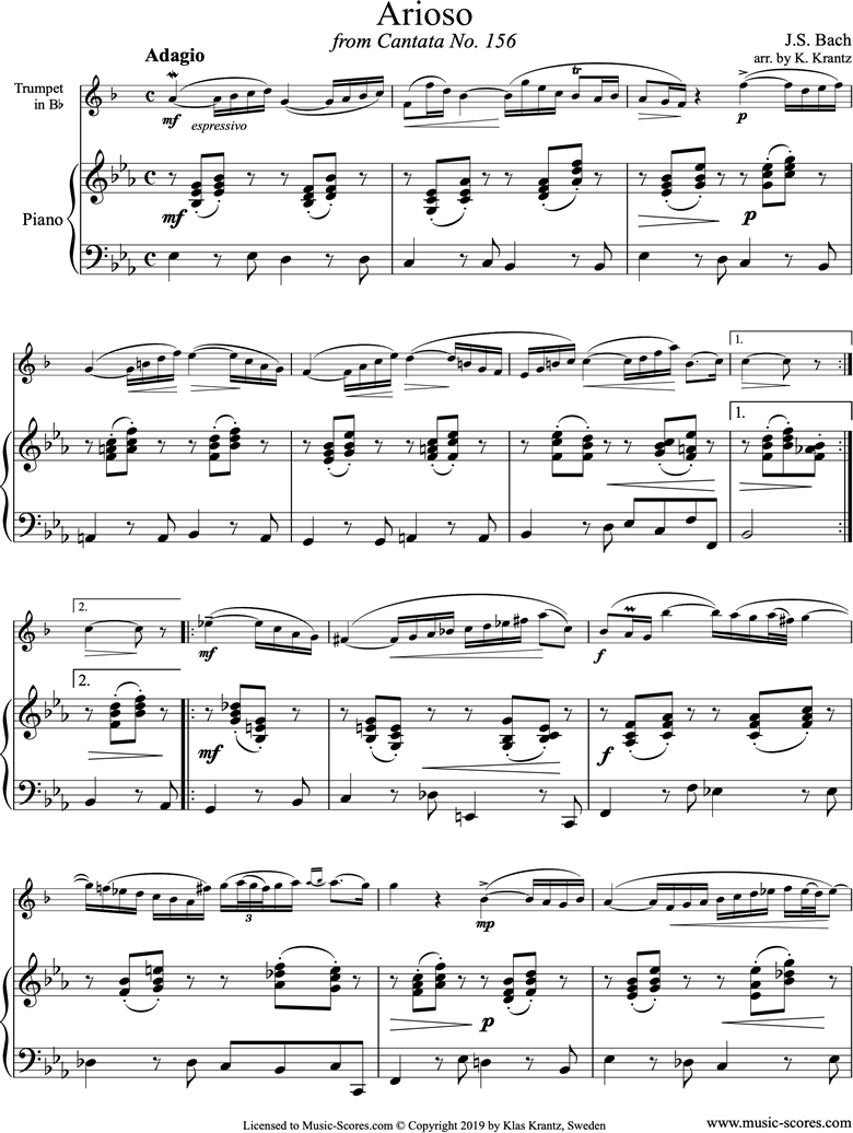 Front page of Cantata 156, 5th Concerto: Arioso: Trumpet, Piano sheet music