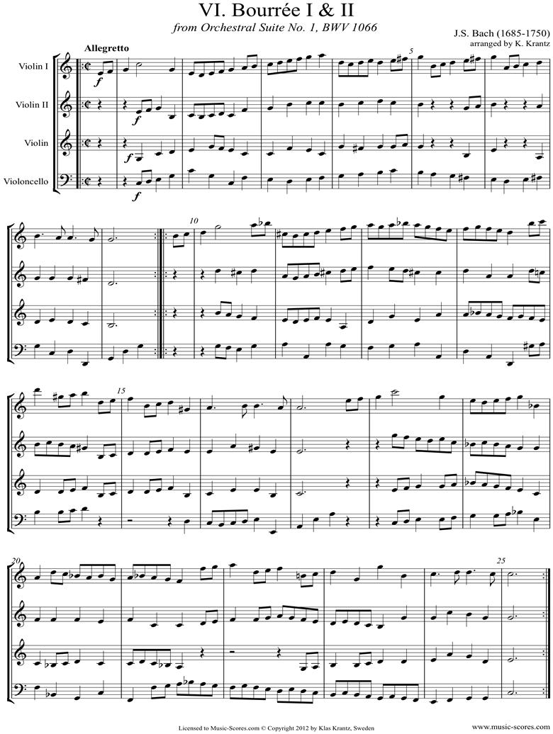 Front page of BWV 1066, 6th mvt: Two Bourrees: 3 Violins, Cello sheet music