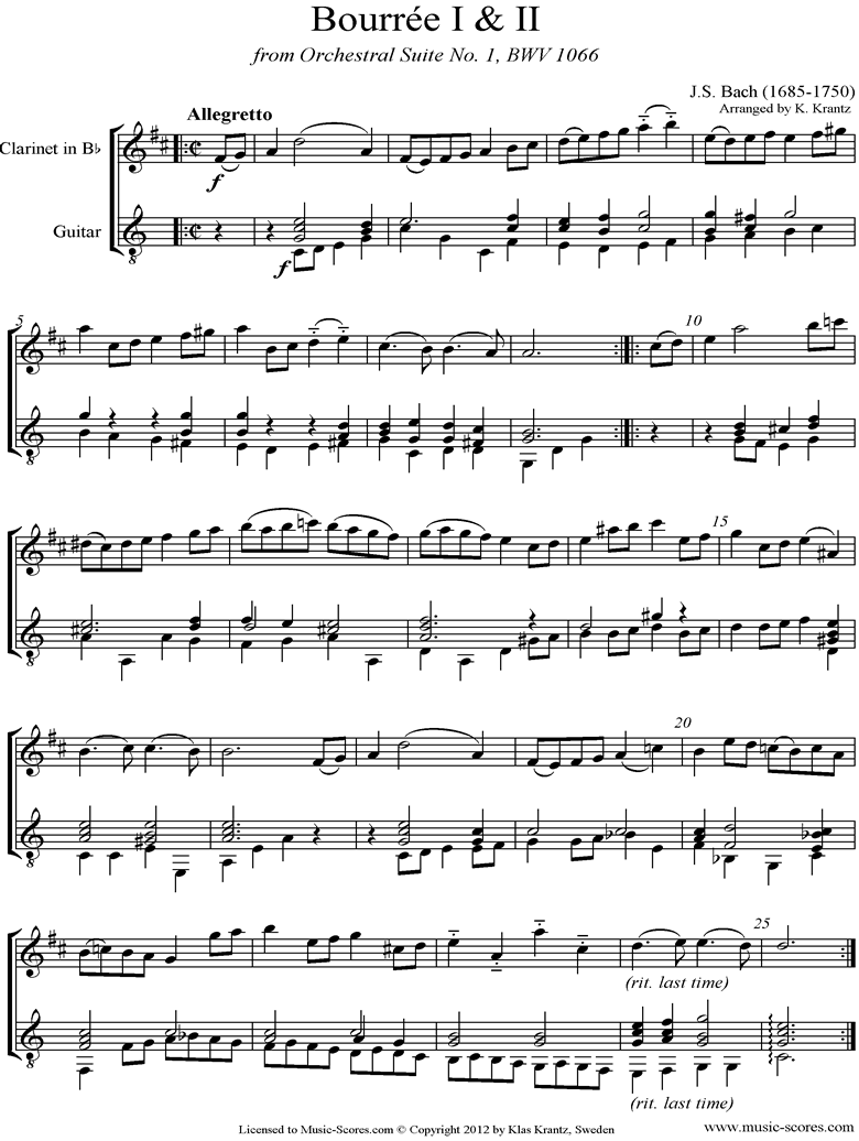 Front page of BWV 1066, 6th mvt: Two Bourrees: Clarinet, Guitar sheet music