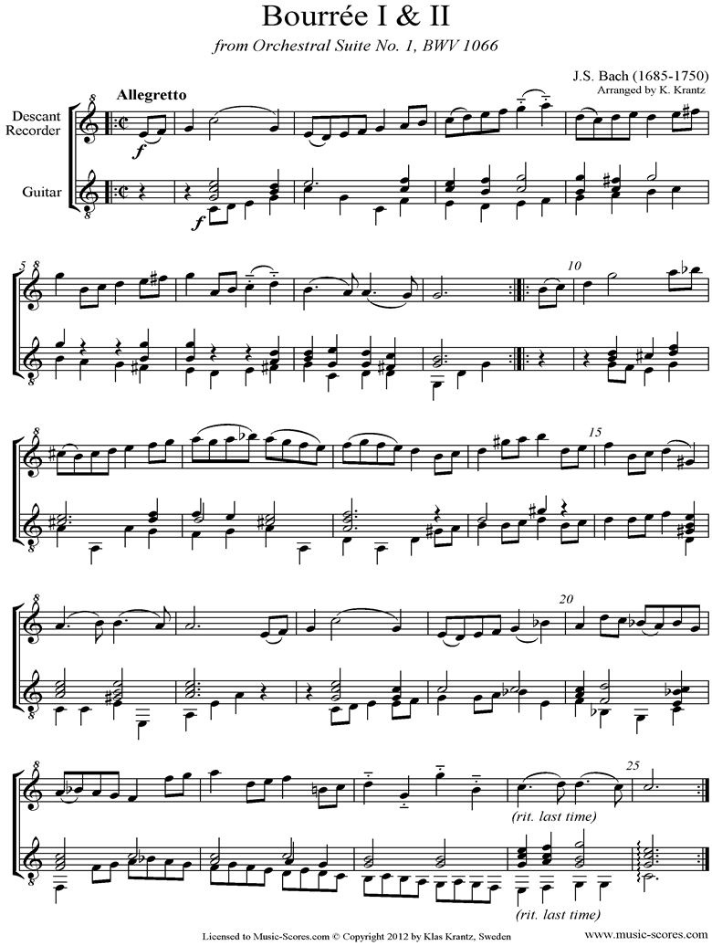 Front page of BWV 1066, 6th mvt: Two Bourrees: Descant Recorder, Guitar sheet music