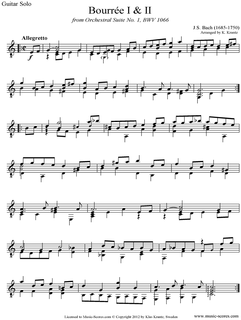 Front page of BWV 1066, 6th mvt: Two Bourrees: Guitar solo sheet music