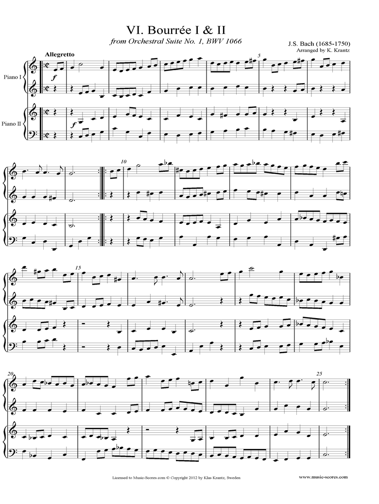 Front page of BWV 1066, 6th mvt: Two Bourrees: Two  Pianos sheet music