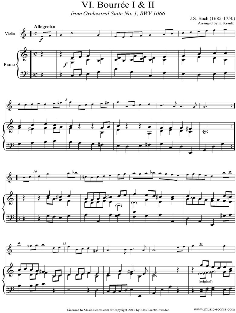 Front page of BWV 1066, 6th mvt: Two Bourrees: Violin, Piano sheet music