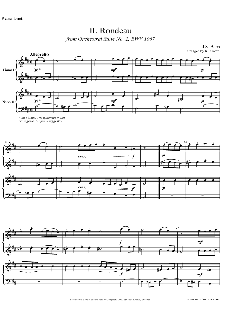 Front page of BWV 1067, 2nd mvt: Rondeau: 2 Pianos sheet music