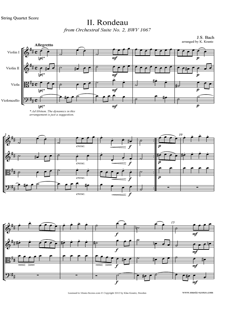Front page of BWV 1067, 2nd mvt: Rondeau: String Quartet sheet music