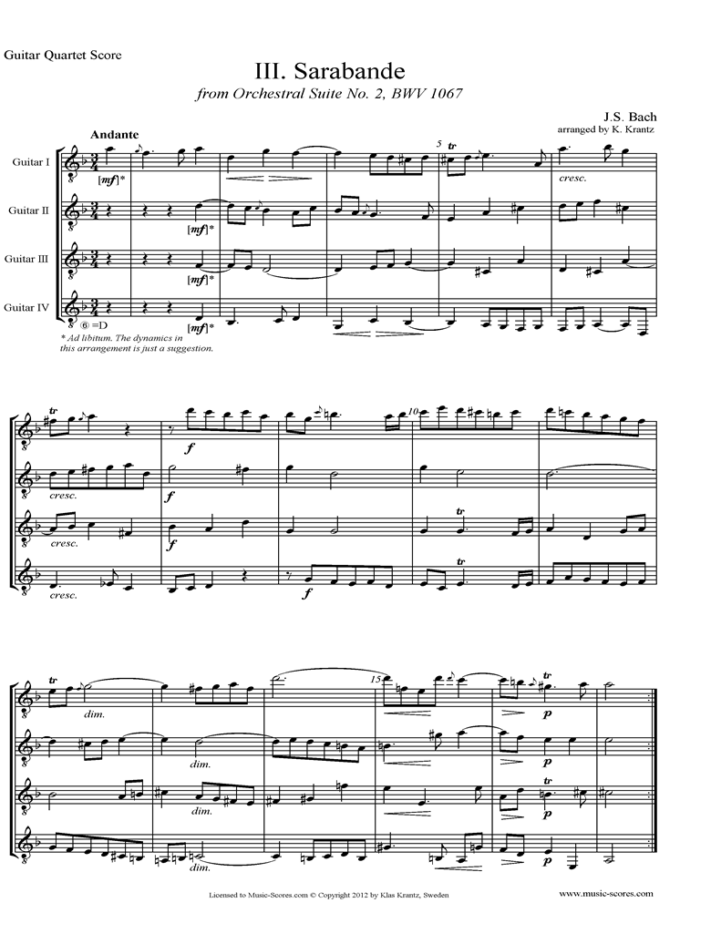 BWV 1067, 3rd mvt: Sarabande: 4 Guitars by Bach