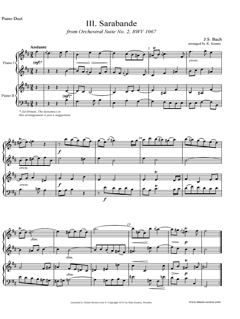 Front page of BWV 1067, 3rd mvt: Sarabande: 2 Pianos sheet music