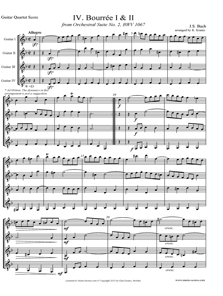 Front page of BWV 1067, 4th mvt: 2 Bourrees: 4 Guitars sheet music