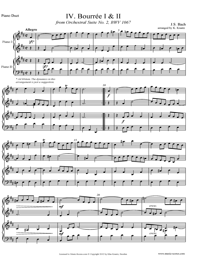 Front page of BWV 1067, 4th mvt: 2 Bourrees: 2 Pianos sheet music