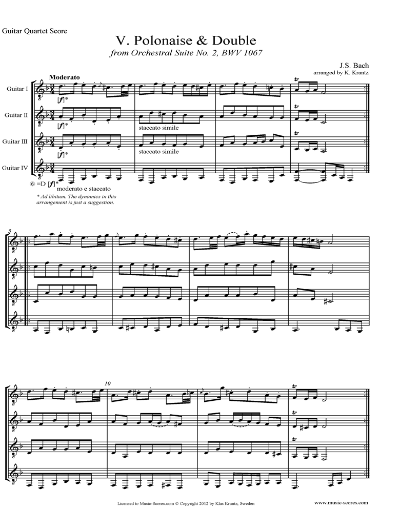 Front page of BWV 1067, 5th mvt: Polonaise and Double: 4 Guitars sheet music