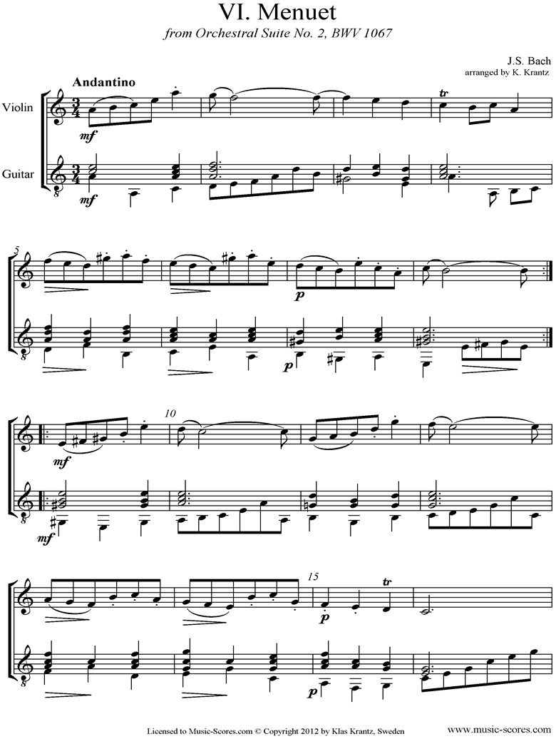 Front page of BWV 1067, 6th mvt: Minuet: A mi: Violin and Guitar sheet music