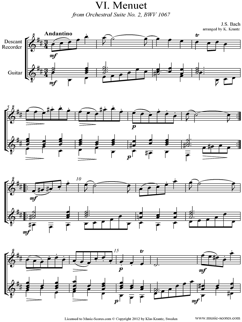 Front page of BWV 1067, 6th mvt: Minuet: Descant Recorder, Guitar sheet music