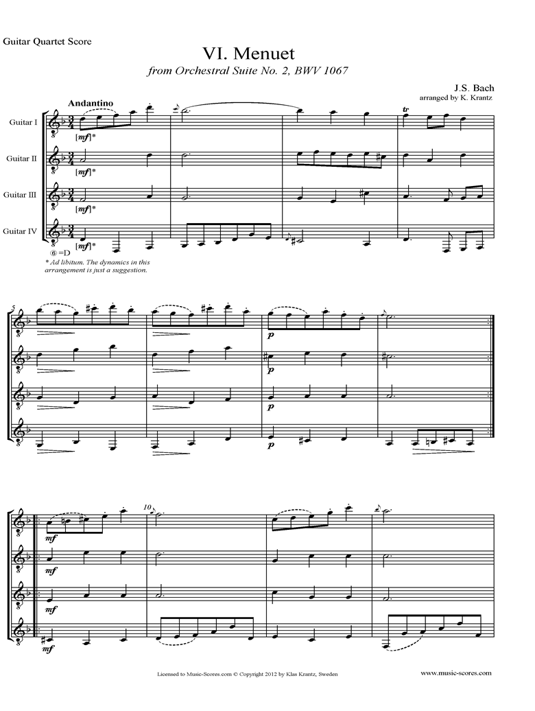 BWV 1067, 6th mvt: Minuet: 4 Guitars by Bach