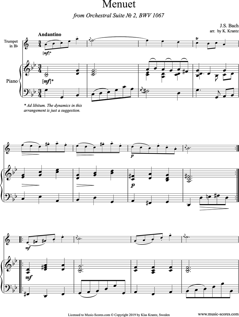 Front page of BWV 1067, 6th mvt: Minuet: A mi: Trumpet and Piano sheet music