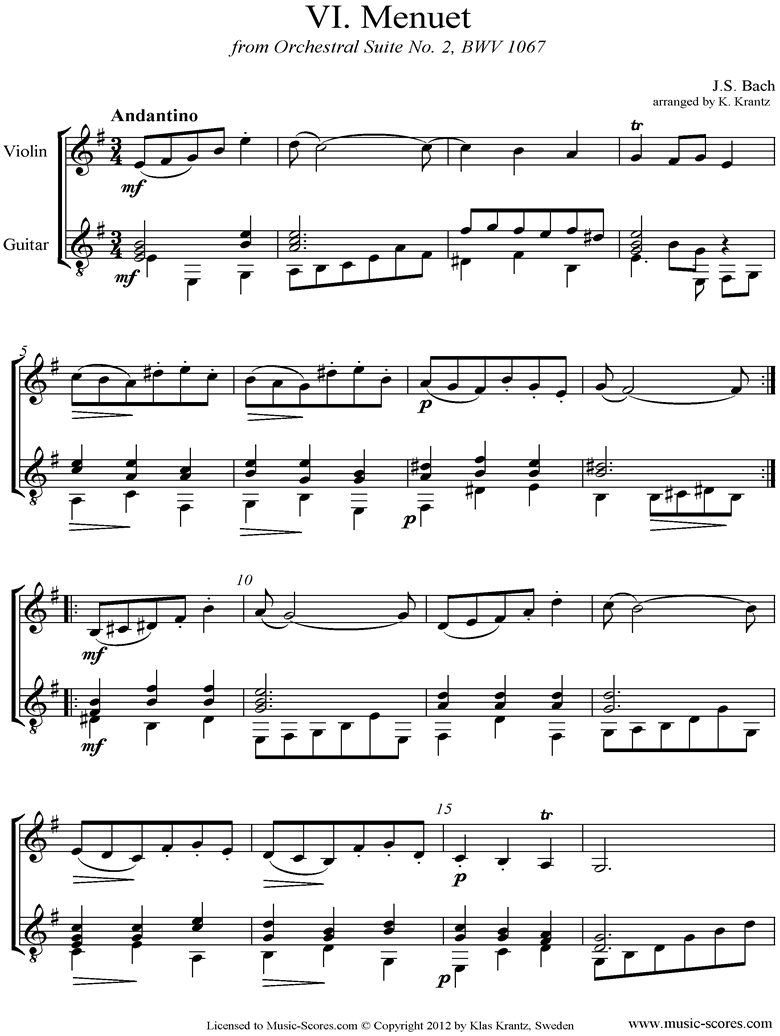 Front page of BWV 1067, 6th mvt: Minuet: Violin and Guitar sheet music
