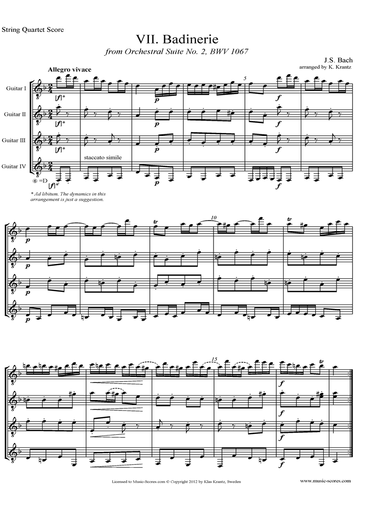 BWV 1067, 7th mvt: Badinerie: Guitar Quartet by Bach
