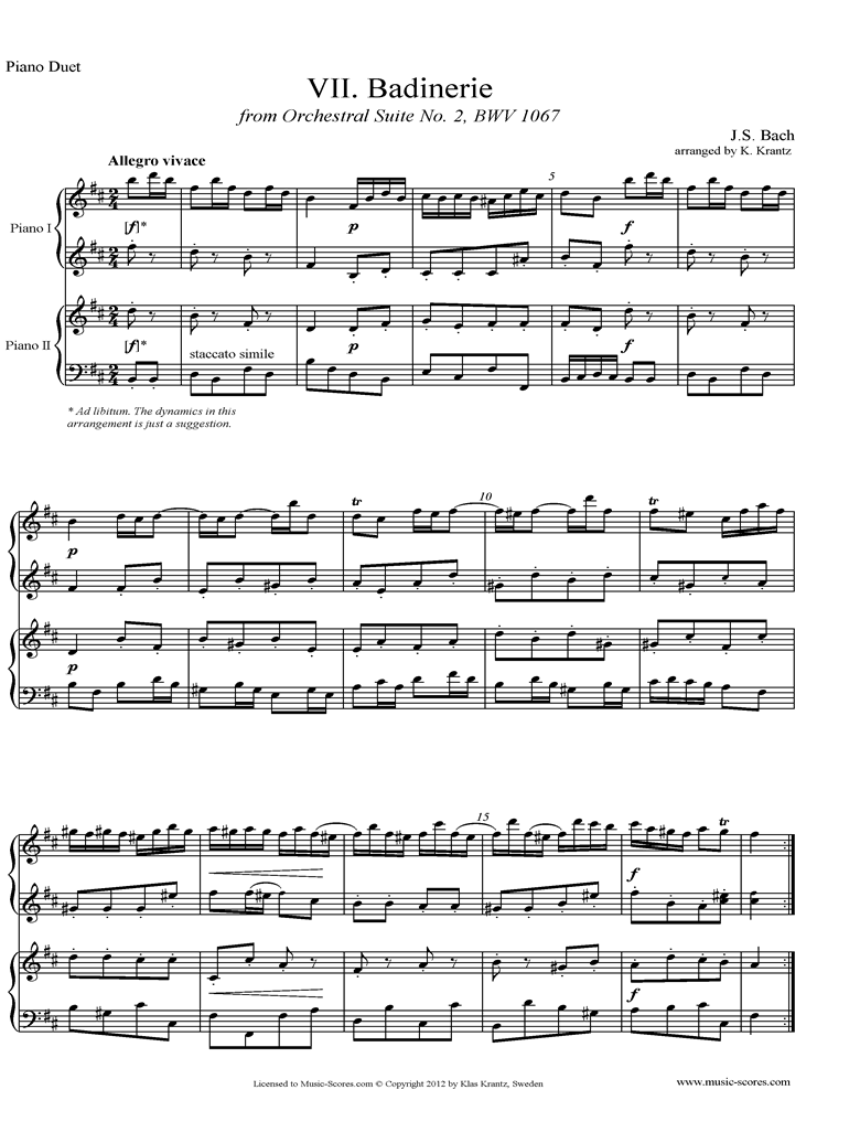 Front page of BWV 1067, 7th mvt: Badinerie: 2 Pianos sheet music