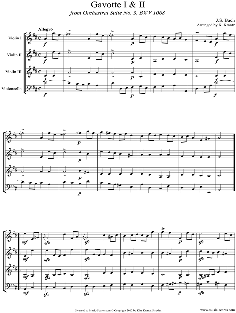 Front page of BWV 1068, 3rd mvt: 2 Gavottes: 3 Violins, Cello sheet music