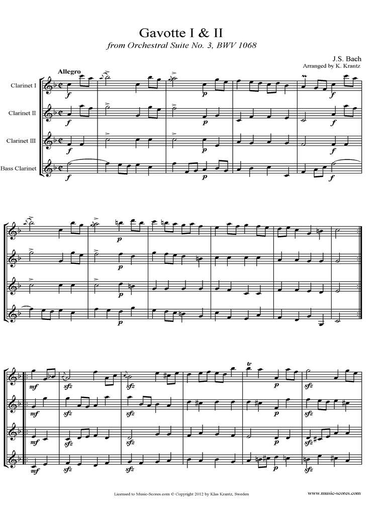 Front page of BWV 1068, 3rd mvt: 2 Gavottes: Clarinet Quartet sheet music