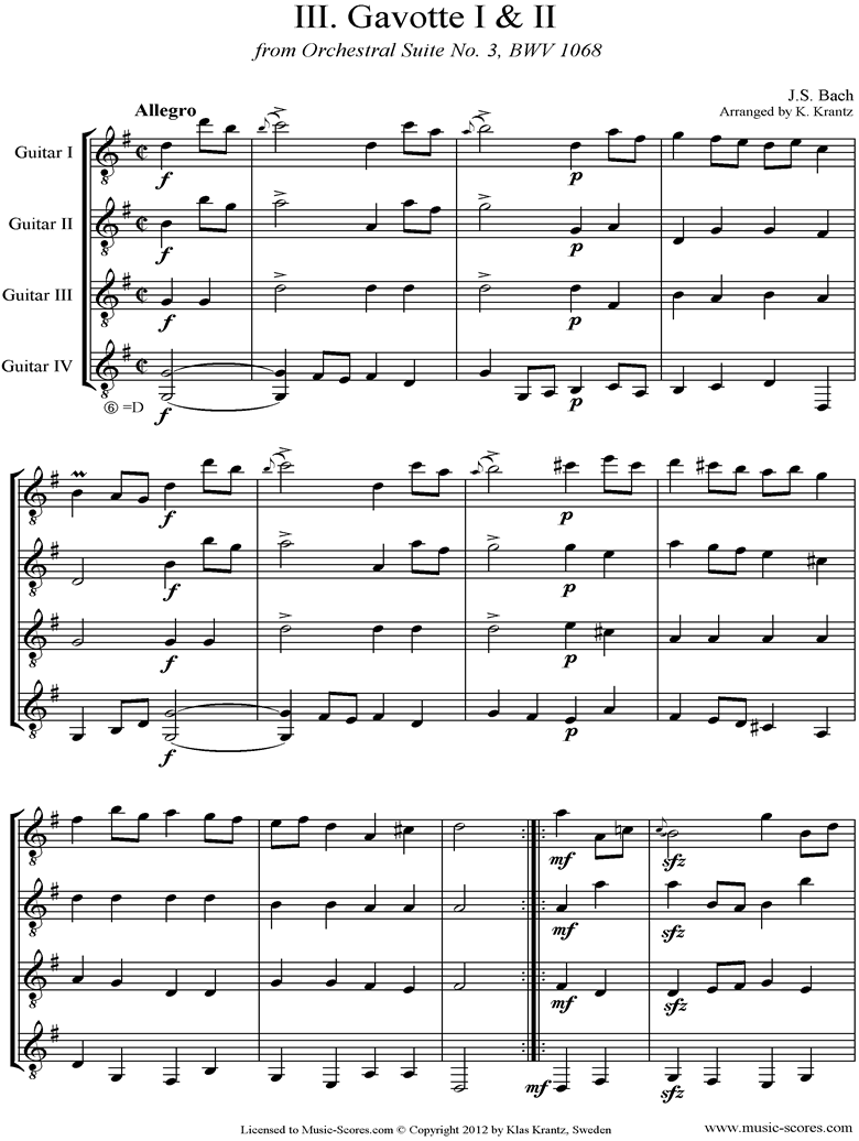 BWV 1068, 3rd mvt: 2 Gavottes: Guitar Quartet by Bach