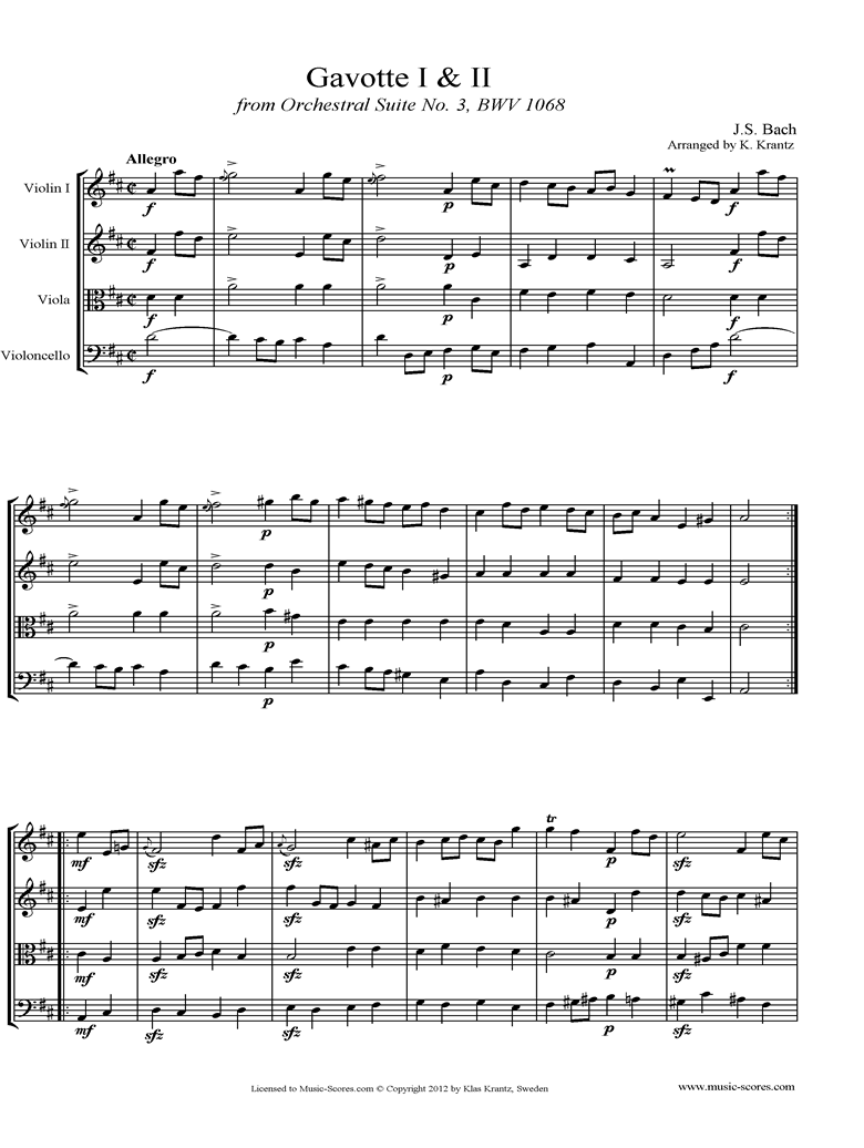 Front page of BWV 1068, 3rd mvt: 2 Gavottes: String Quartet sheet music