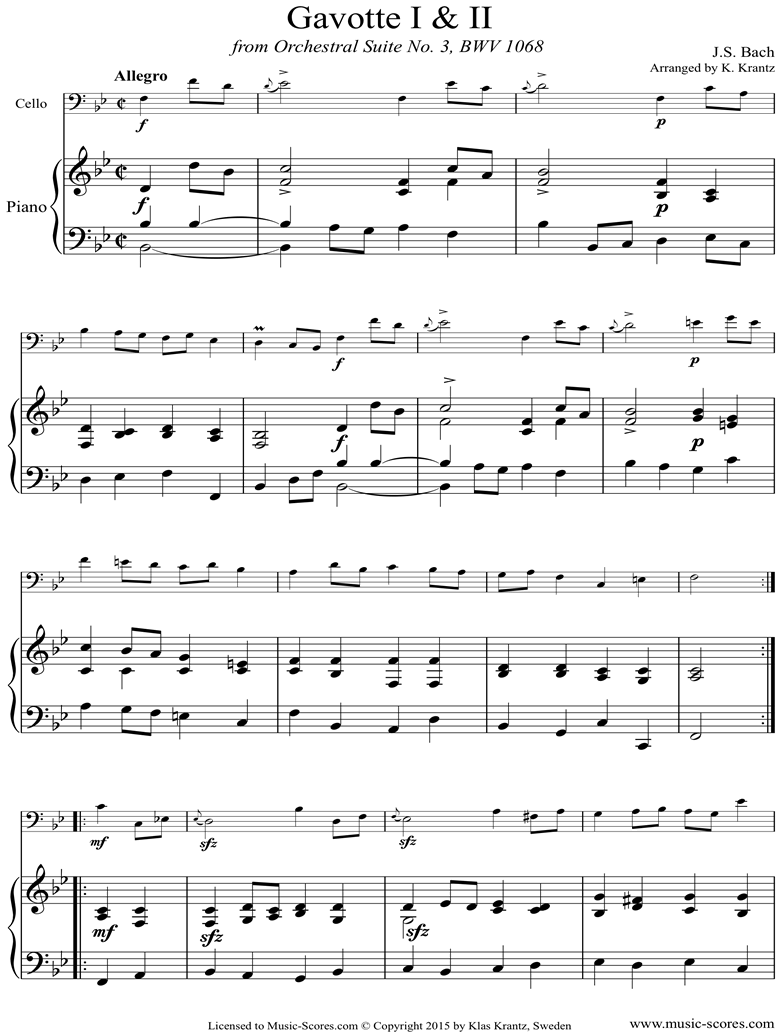 BWV 1068, 3rd mvt: 2 Gavottes: Cello, Piano by Bach