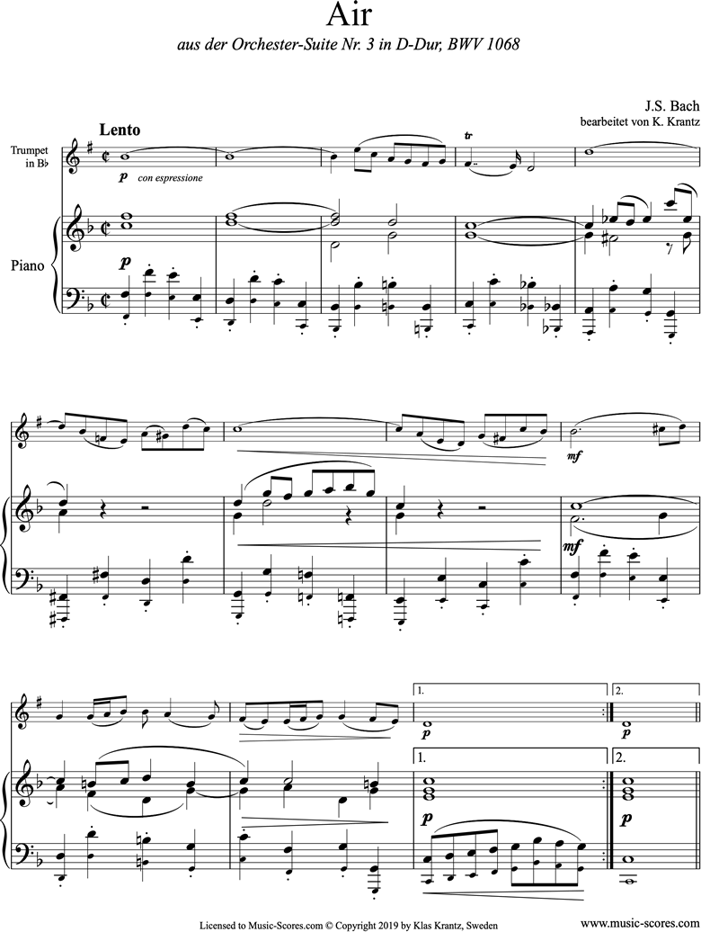 Front page of bwv 1068: Air on G: Trumpet and Piano. F major sheet music