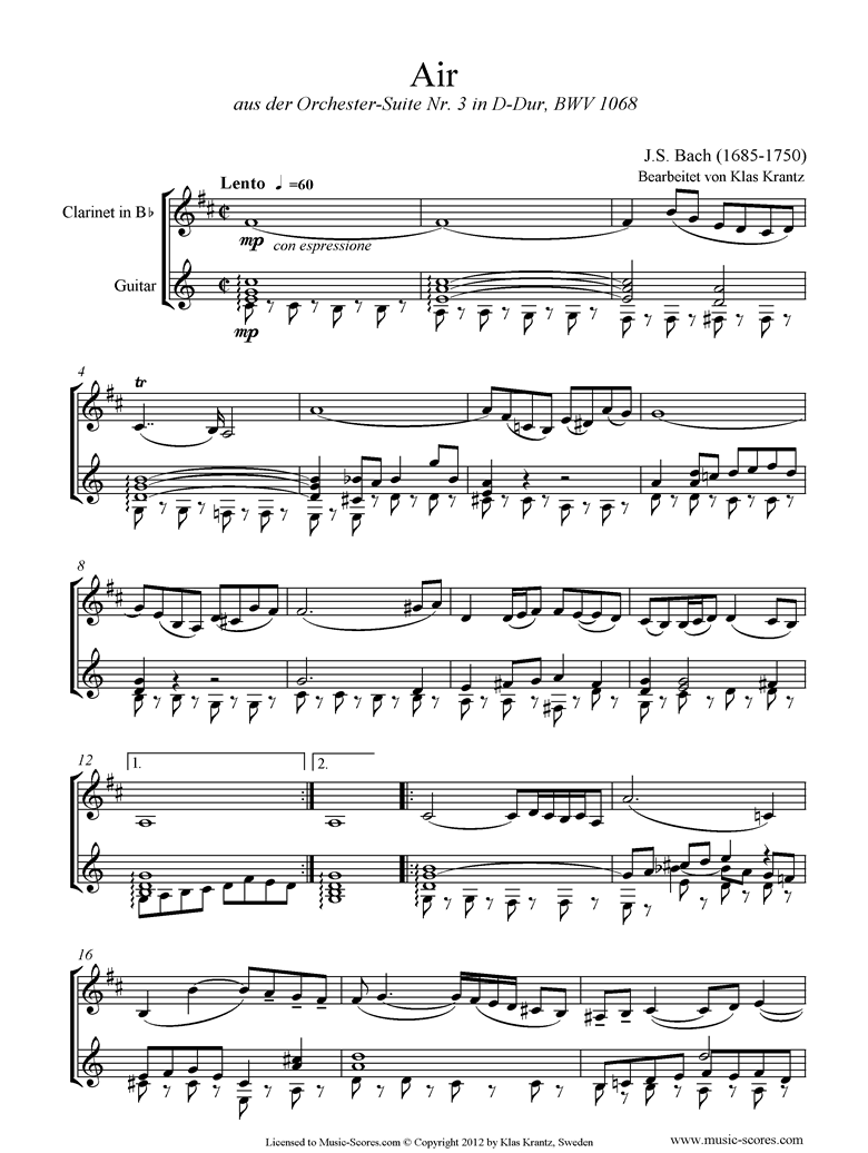 bwv 1068: Air on G: Clarinet and Guitar. by Bach