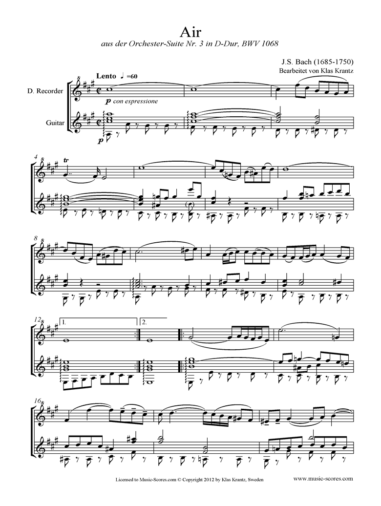 Front page of bwv 1068: Air on G: Descant Recorder and Guitar. sheet music