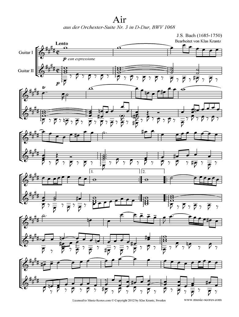 Front page of bwv 1068: Air on G: Two Guitars. E ma sheet music