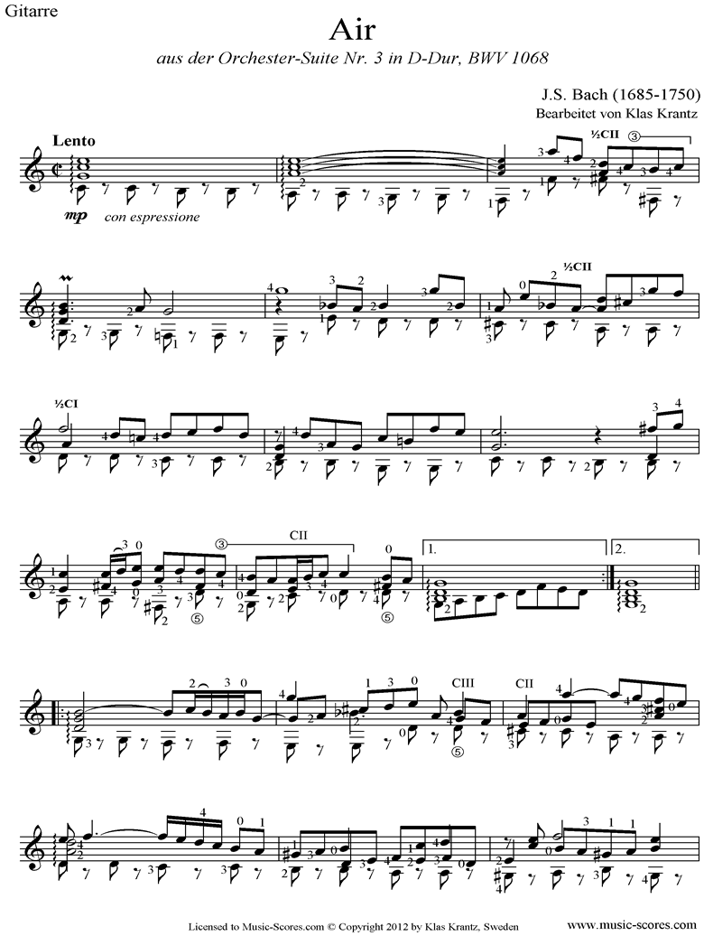 Front page of bwv 1068: Air on G: Guitar. sheet music