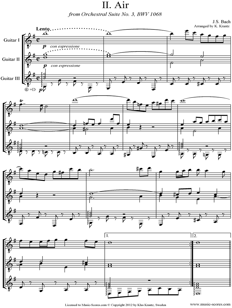 Front page of bwv 1068: Air on G: Three Guitars. sheet music