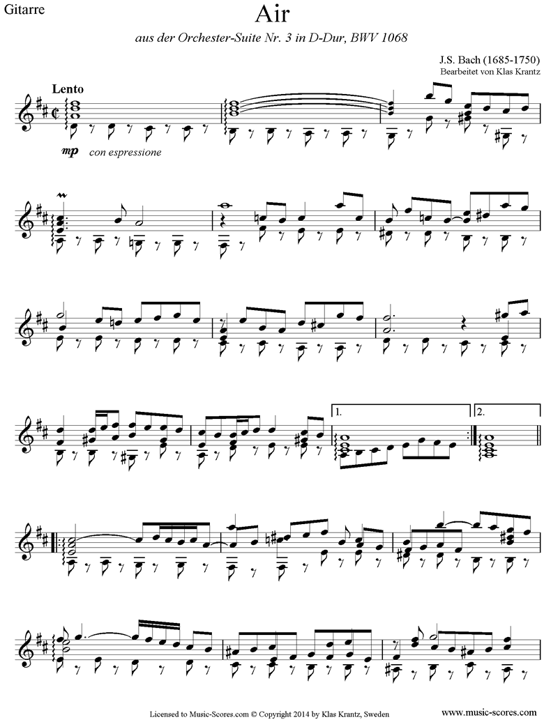 Front page of bwv 1068: Air on G: Guitar. D major. sheet music
